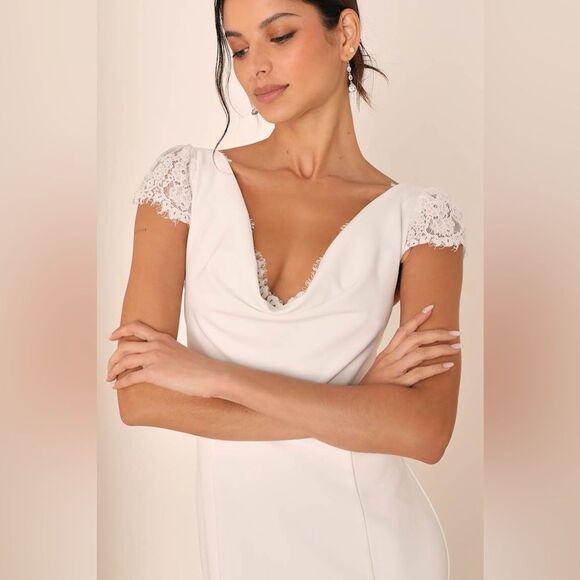 Lulus Forever Beloved Mermaid Wedding Dress Medium White Lace Cap Sleeves Bridal - Picture 2 of 12